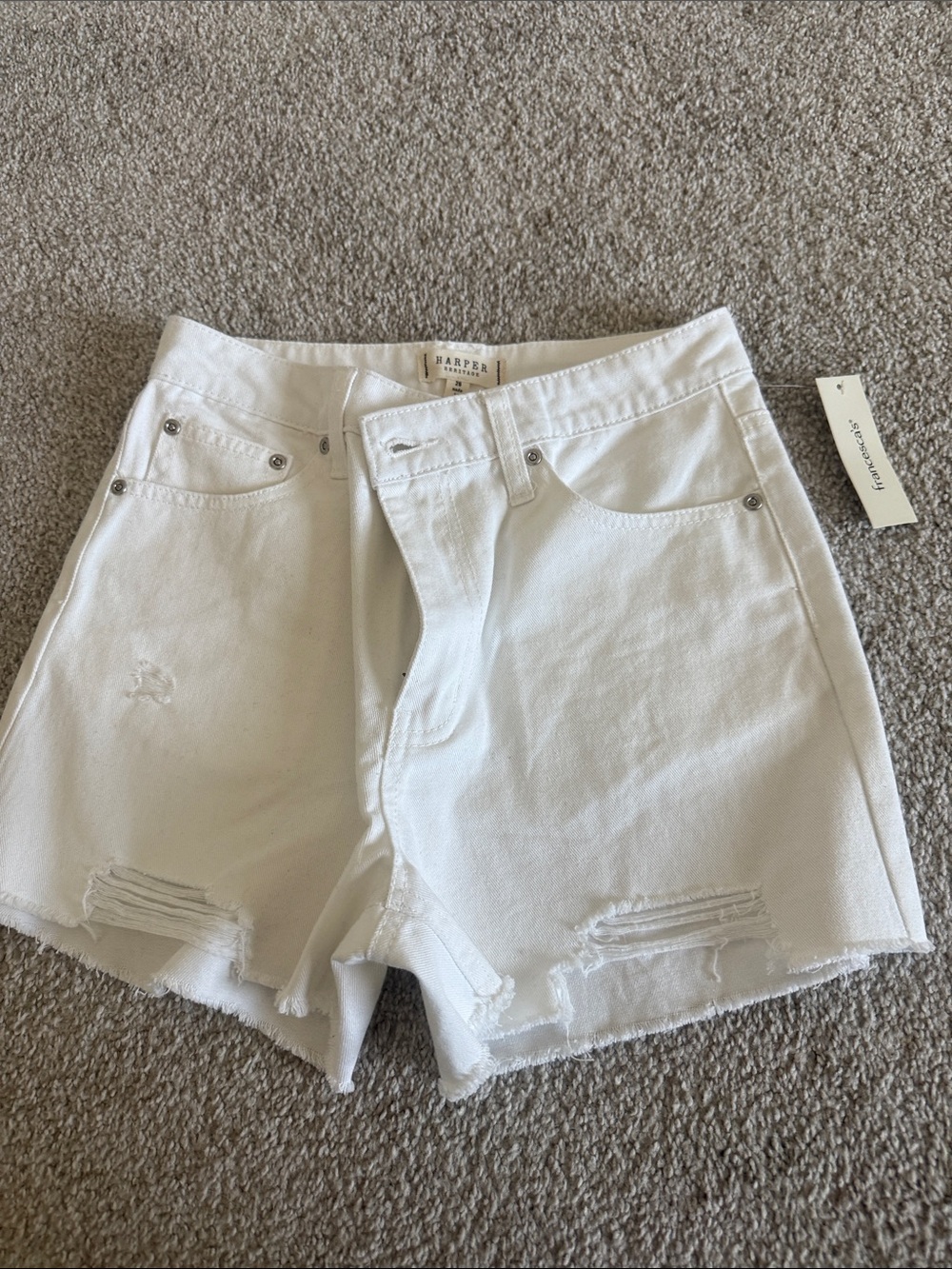 Harper White Distressed High-Rise Denim Shorts